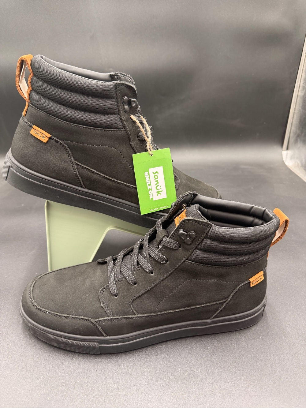 Sanuk Men’s Black High-Top Boots with Tan Pull Tabs